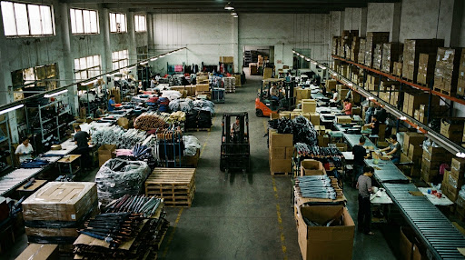 Wide-angle realistic photo of a large bulk order shipment in a factory warehouse. Thousands of umbrellas in various stages of packing. Busy, crowded space with less 'hero' white space. Moody, industrial lighting coming from high windows. Authentic, grounded factory atmosphere for a high-volume supplier.