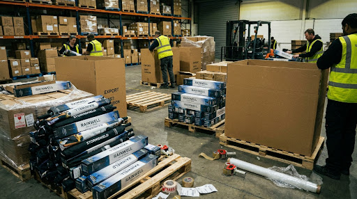 Realistic photo of a private label umbrella packaging area. Piles of branded umbrella sleeves and retail boxes being packed into large export cartons. Moody warehouse lighting.