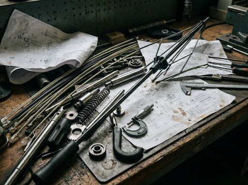 Close-up, realistic photo of umbrella engineering components on a cluttered technical workbench. Moody, non-direct lighting. Visible fiberglass ribs, metal shafts, and handle molds scattered with blueprints and calipers. Less open space, more technical 'clutter' to feel like a real R&D lab. Gritty, authentic B2B manufacturing style.