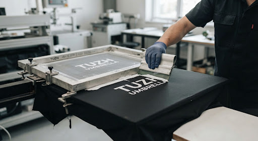 Close up of a precision silk-screen printing process on an umbrella canopy. Clean industrial setting, high contrast black and white with a sharp focus on the print alignment. Minimalist B2B catalog style.
