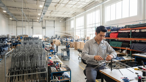 A bright, well-lit umbrella factory floor with expansive natural light. In the foreground, a young, professional worker in a clean industrial uniform is focused on assembling an umbrella frame.