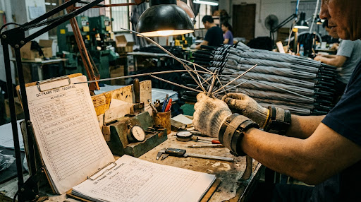 Realistic photo of an umbrella quality control station in a factory. Not a sterile lab, but a working inspection area. Moodier lighting. A technician's hands (restrained) testing a frame, with a stack of umbrellas in the background. Visible QC checklists, measuring tools, and a slightly cluttered industrial background. Grounded and authentic.