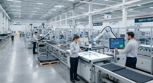 A clean, wide-angle shot of a modern manufacturing assembly line inside a factory. High-tech machinery is seen in a brightly lit, sterile environment. Professional workers in uniform are performing quality checks. The aesthetic is modern industrial, emphasizing cleanliness, order, and large-scale efficiency.