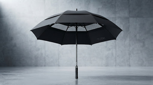 A professional-grade oversized golf umbrella featuring a double-canopy wind-vented design. The scene is a minimalist, high-contrast studio set with cool gray concrete textures. Sharp, industrial lighting highlights the carbon fiber shaft and the high-density pongee fabric. The overall mood is high-performance, precision engineering for elite athletes and corporate branding.