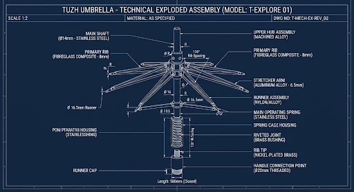 A technical, exploded-view blueprint diagram of an umbrella's internal mechanism. The illustration uses clean, industrial white lines on a deep navy background, showcasing the spring system, ribs, and shaft connection points. Annotated with technical measurements and material callouts. The style is that of a professional engineering document for high-end manufacturing.